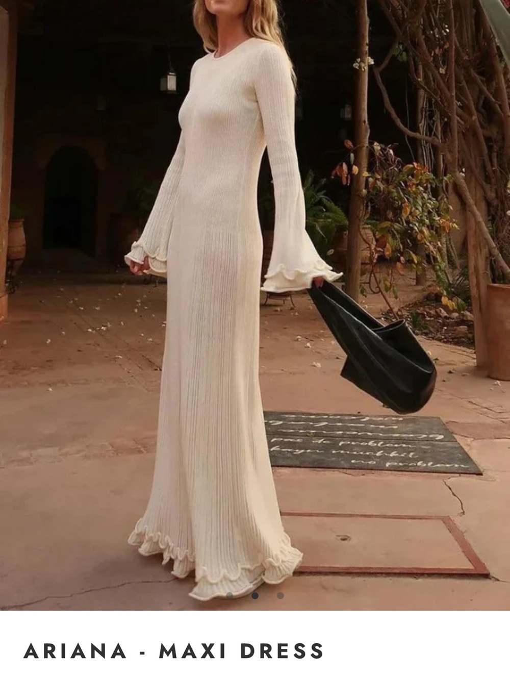 Cream Ribbed Maxi Dress with Flared Ruffle Sleeves - Picture 2 of 3